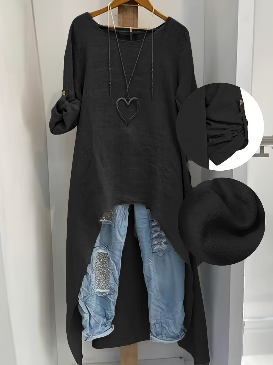 Women' Elegant Asymmetric Oversized Shirt - Loose Fit Long Sleeve Round Neck Blouse with Short Front & Extended Back Length, Layering Piece Suitable for Spring/Fall, Casual to Dressy Wear (No Stretch) - Black