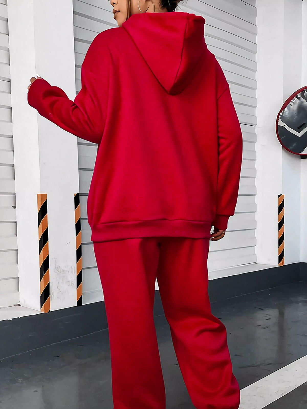 Geometric Print Women's -Lined Hooded Sweatshirt + Jogger Set, Machine Washable Pullover for Autumn/Winter, Soft Fabric, Versatile Daily Wear, -Lined Design, 100% Polyester, Ideal for Outdoor Sports, Durable and Comfortable Material, Warm and Stylish - Bright Red