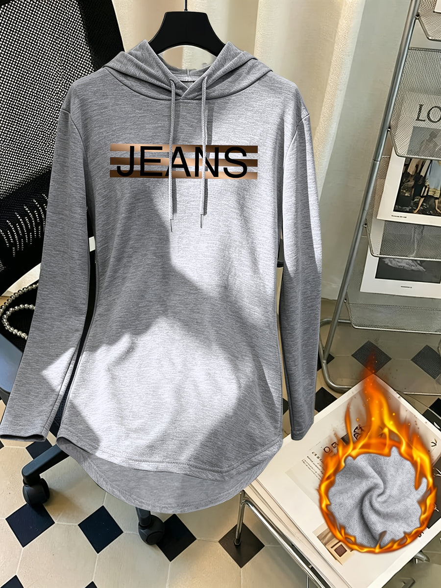 Mid-Length Hooded Sweatshirt for Women, Loose Hip-Covering Letter Print Drawstring Pullover Top - Light Grey