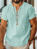Men'S Lightweight White Short Sleeve V-Neck Button-Up Shirt - Retro Classic Fitted Style Summer Casual Top, Solid Color Breathable Fabric for Warm Weather - Light Blue