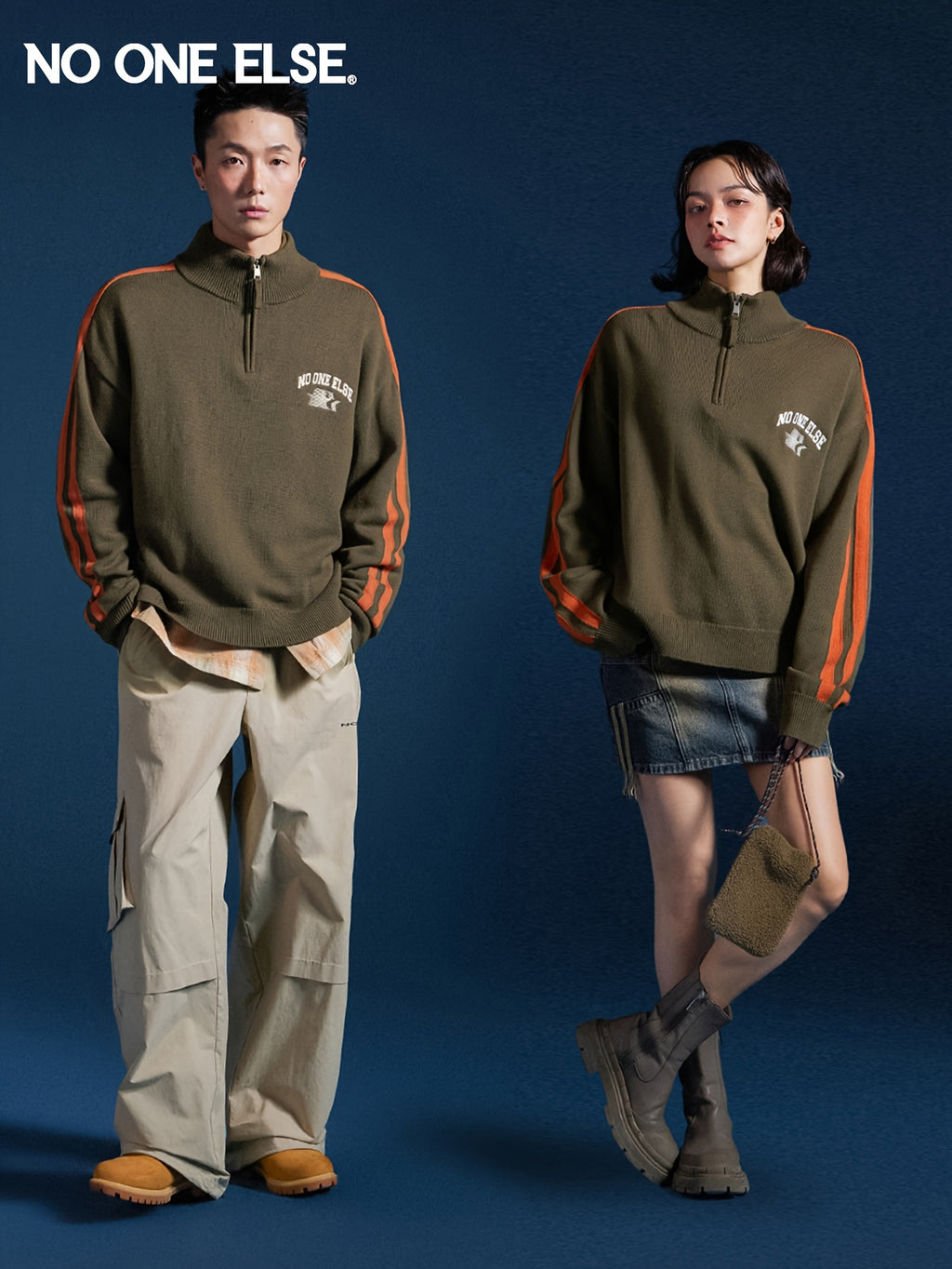 NO ONE ELSE Letter Embroidery Sweater Unisex 2026 Spring Autumn New Color-Block Pullover Top - Military Green
