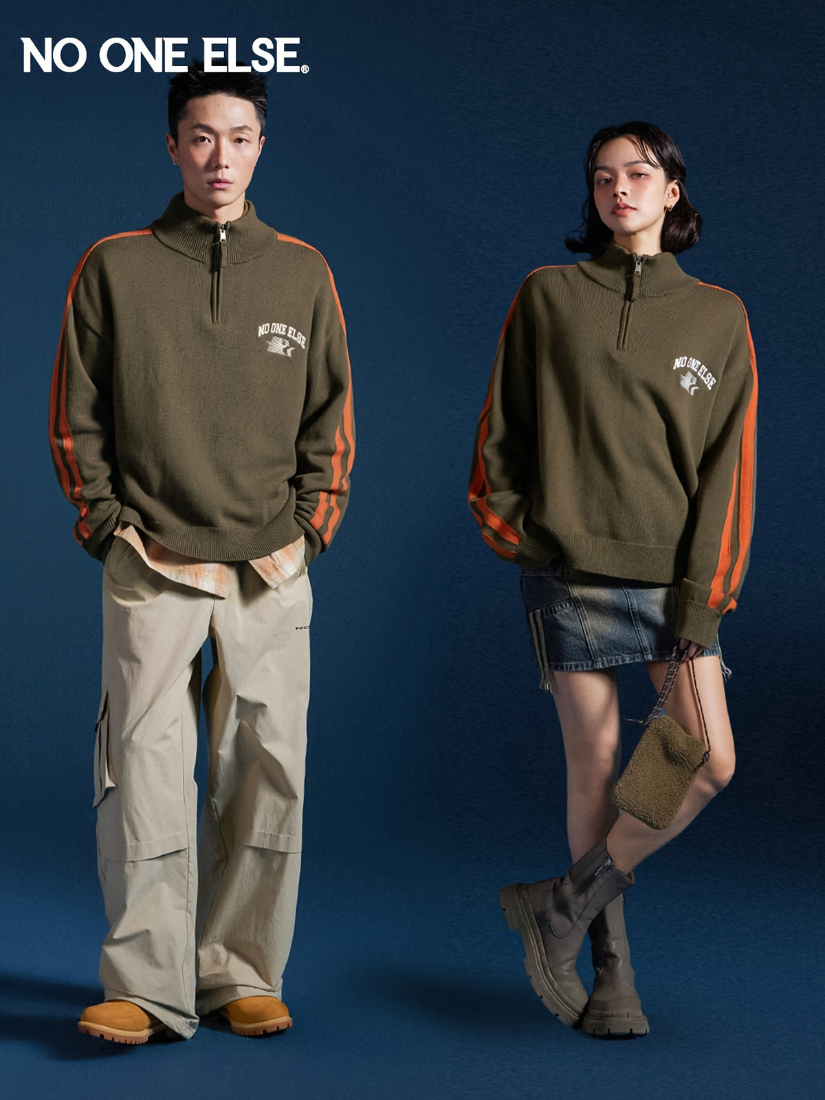 NO ONE ELSE Letter Embroidery Sweater Unisex 2026 Spring Autumn New Color-Block Pullover Top - Military Green