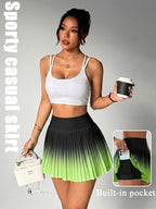 Women'S Casual High-Waisted Gradient Pleated Tennis Skirt Anti-Exposure A-Line Sports Skirt Pants with Pockets - Gradient Black And Green