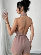 French Halter Deep V Pleated Shorts, Waist-Cinching Sleeveless Casual Solid-Colored Jumpsuit - Pale Pinkish Gray