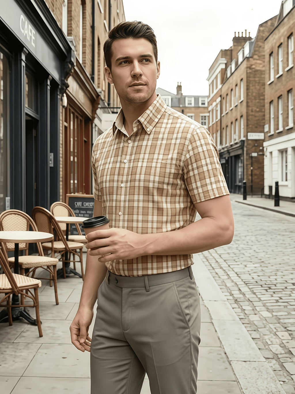 Multi-Color Plaid Men'S Short Sleeve Shirt 4pcs Set, Christmas Gift, Holiday Wear, Office, Date Night, Easy Fit with Festive Style, Casual Wear, Full Holiday Atmosphere, Easy to Get Festive Photos, Easy Cut, Versatile for Layering And Single Wear - Khaki+Pink+Dark Blue+Light Blue