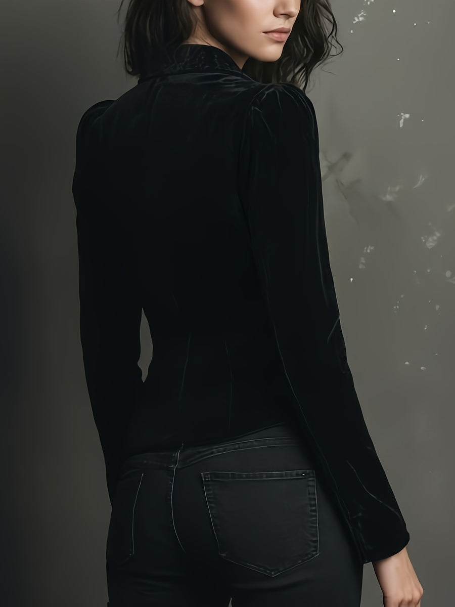 Solid Color Autumn Velvet Embroidery Lapel Victorian Style Party Slim Fit Suit Jacket-Zllz - Black