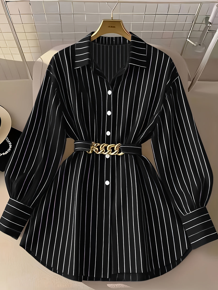 [Size for Regular Fit] Women'S Spring Autumn Elegant Striped Loose Long Sleeve Shirred Blouse, Chain Detail Tie-Waist Shirt - Black