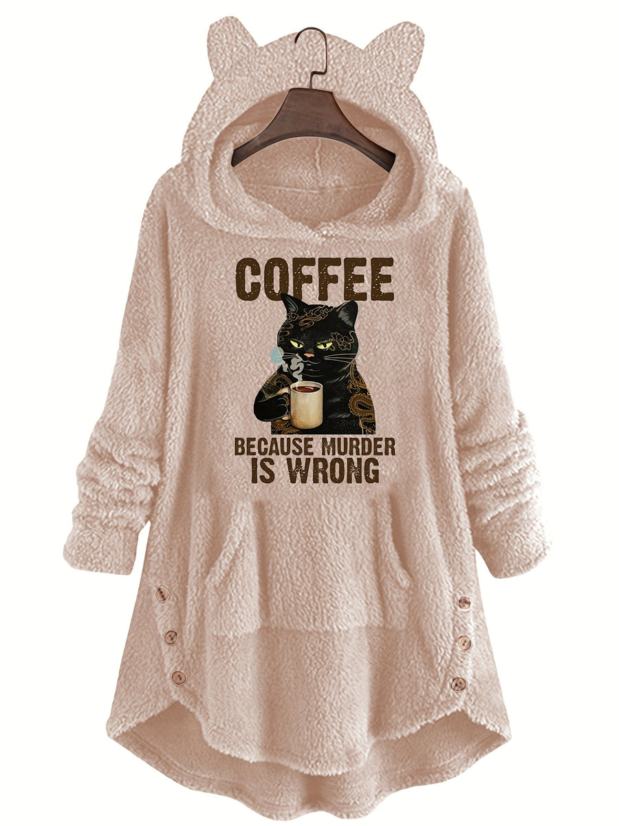 Winter Warm Plush Cartoon Cat Printed Hooded Pullover Casual Sweatshirt - Multicolor