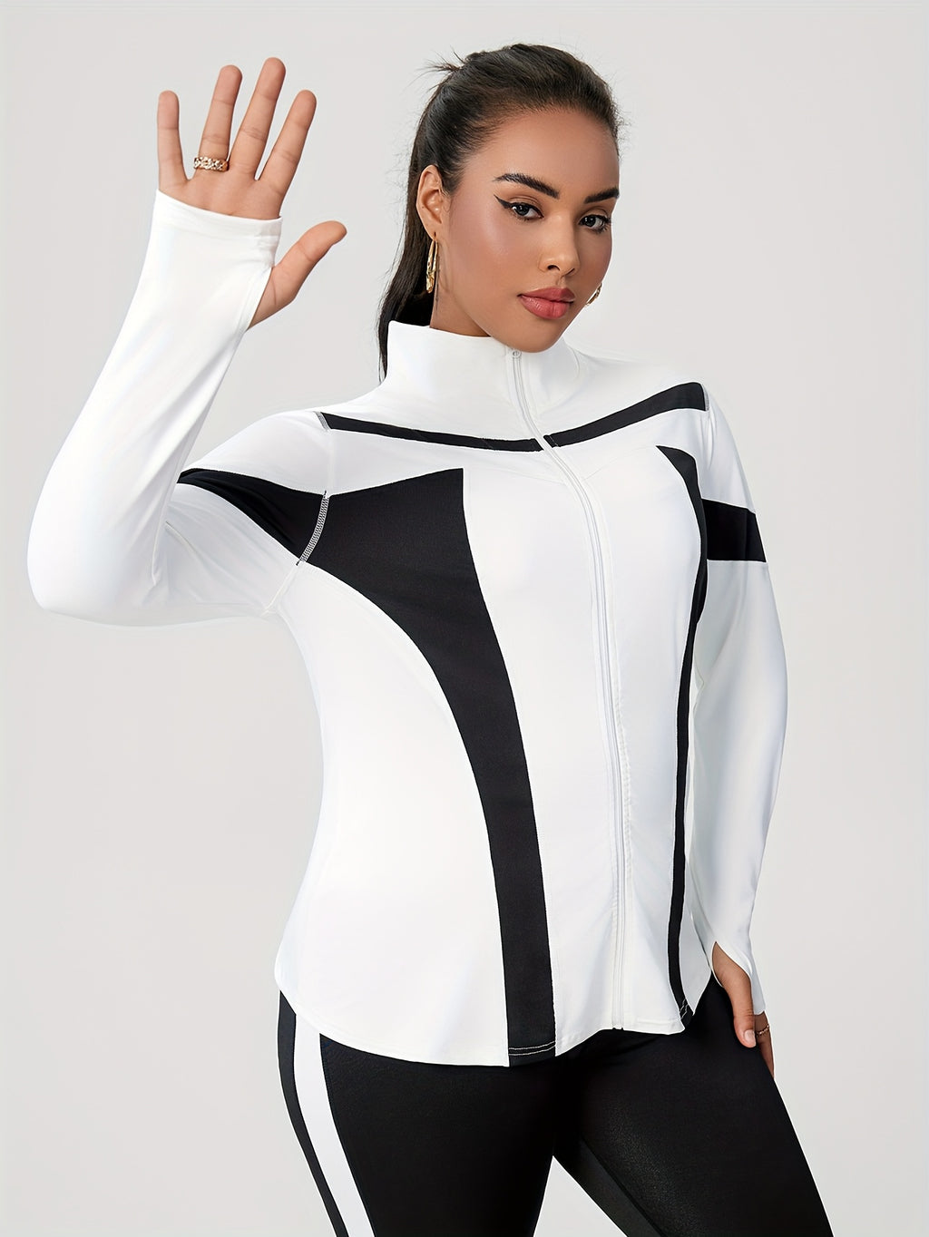 Plus Size Women's Fashion Sports & Leisure Yoga Street Running Outdoor Workout Color Block Patchwork Jacket with Leggings Set - Black Stitched With White