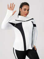 Plus Size Women's Fashion Sports & Leisure Yoga Street Running Outdoor Workout Color Block Patchwork Jacket with Leggings Set - Black Stitched With White