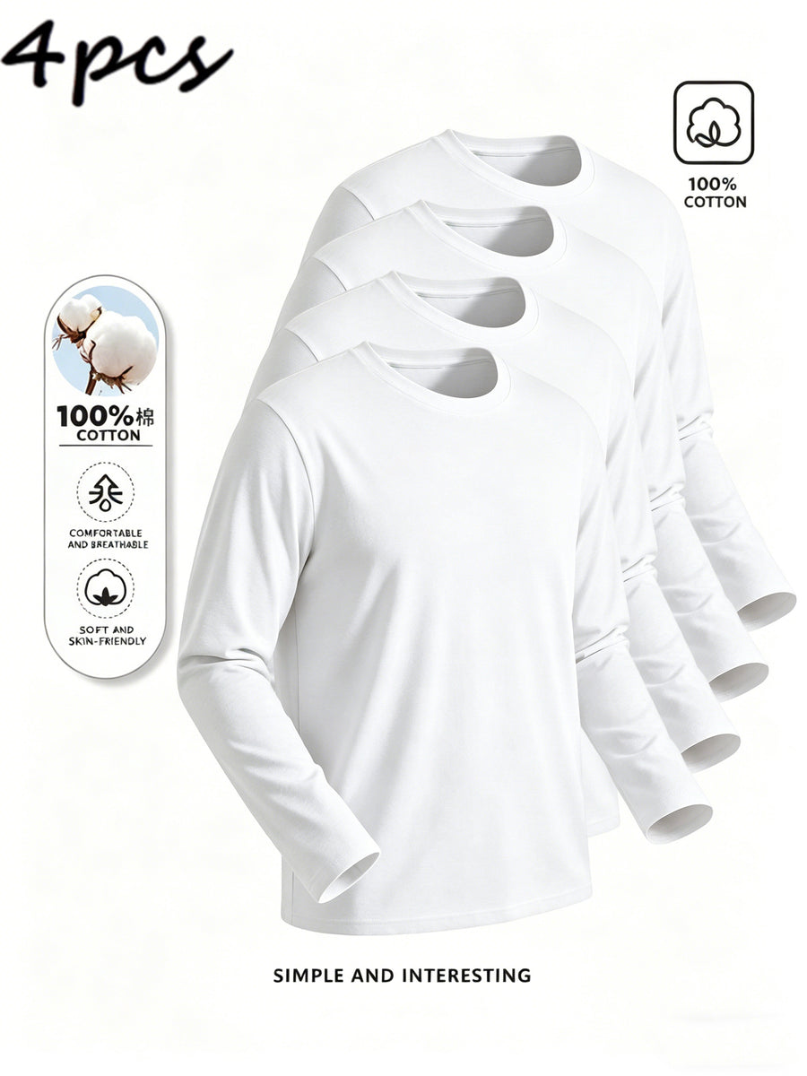 4pcs of Pure Cotton Breathable Round-neck Long-sleeve T-shirts, Soft and Well-fitting, Classic Style Suitable for Business Casual and Casual Attire, Versatile for All Seasons and Can Be Worn as an Outer Layer or as an Inner Layer - White