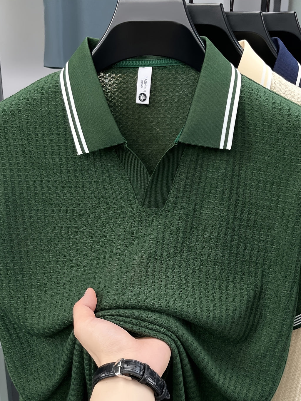 Men'S Scissor Collar Sweater, Summer Short Sleeve Breathable Knit Top, Contrast Striped Collar Design, Casual Knit Top, Summer Thin Breathable V-Neck Short Sleeve T-Shirt, Men'S Top - Dark Green