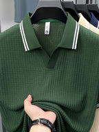 Men'S Scissor Collar Sweater, Summer Short Sleeve Breathable Knit Top, Contrast Striped Collar Design, Casual Knit Top, Summer Thin Breathable V-Neck Short Sleeve T-Shirt, Men'S Top - Dark Green