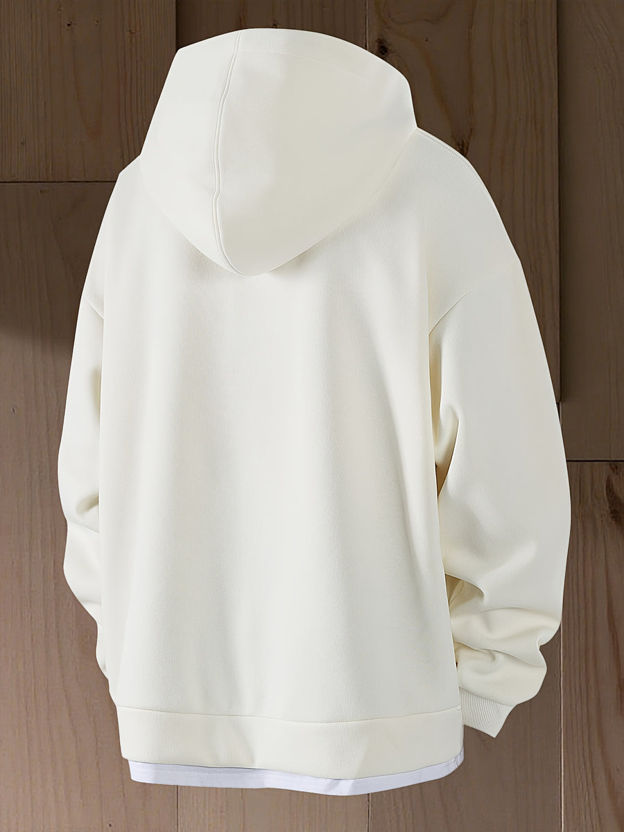 New Autumn 2-in-1 Look V-Neck Hooded Men's Sweatshirt, High-Quality Comfortable Hoodie, Heavyweight Trendy Men's Top - White Apricot