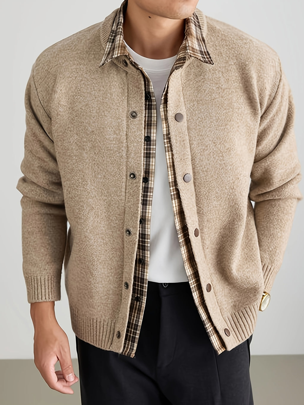 Men'S Button-Polo Sweater Jacket, Soft Elastic Long Sleeve Open-Front Pullover Coat, Anti-Pilling Business Casual Solid Color Outerwear, Men'S Work-Use Jacket, Daily Work Scene Wear, Business Commute Suitable, Ideal for Autumn And Winter, Knit - Beige Camel