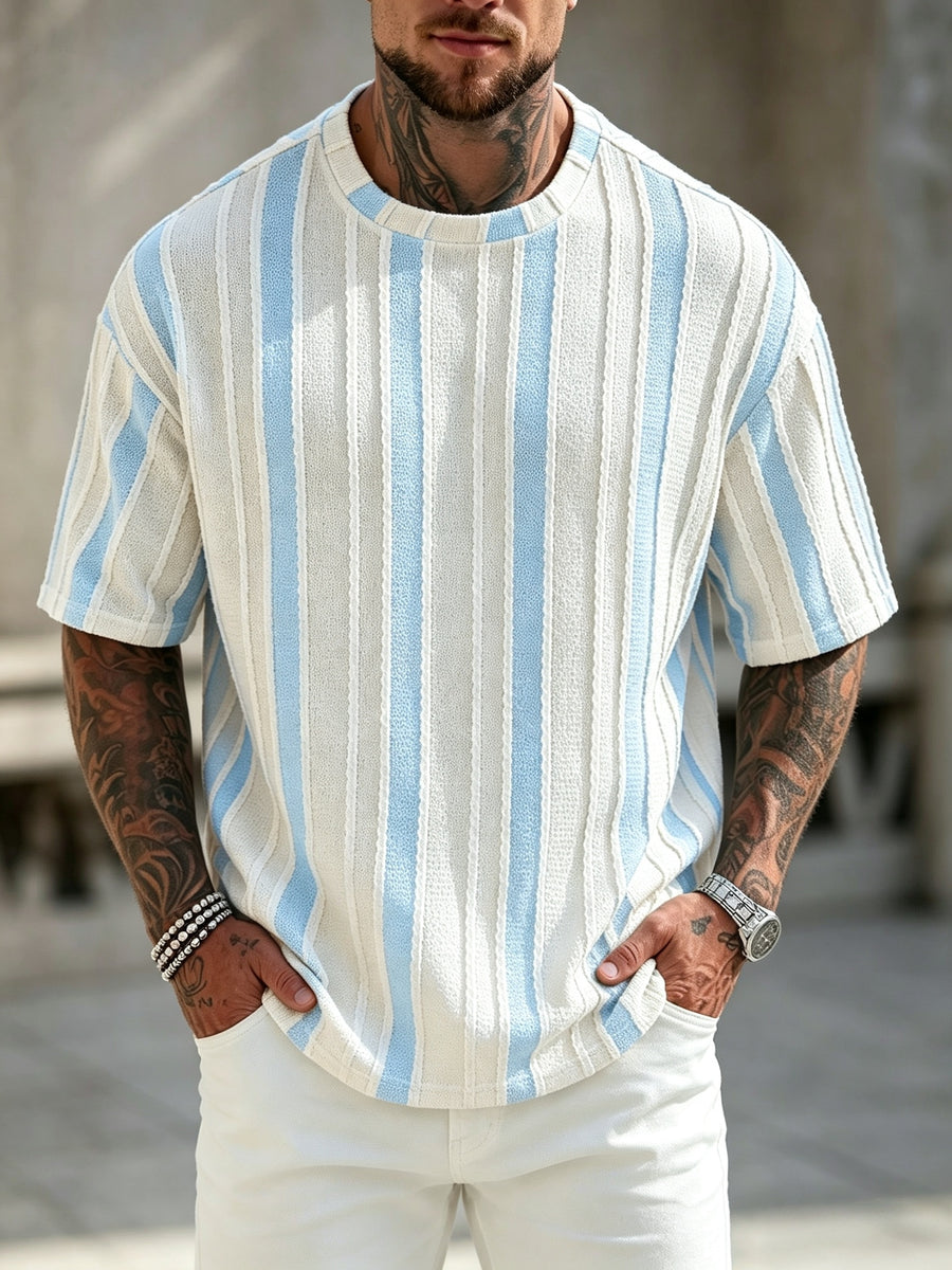 Men's Vintage Striped T-Shirt Suitable for Summer - Breathable Loose Fit Crew Neck Short Sleeve with Contrast Color & Drop Shoulder Design, Textured Casual Top for Daily Wear, Commuting, Gifts for Boyfriend/Husband (Machine Washable) - Blue