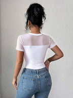 Golden Label Style Summer New Fashionable Easy Elegant Solid Color Mesh Spliced Short Sleeve Round Neck Slim Fit Bodysuit Women Women'S Elegant Mesh Spliced Round Neck Short Sleeve Slim Fit Bodysuit, Spring/Summer Style - White