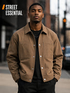 Men'S Lapel Collar Snap Button Utility Jacket, Multi-Patch Pockets Design with Pen Slot, Loose Short Cut Workwear Outer Coat, Durable Fabric Street Style Outerwear for Everyday City Wear - Camel Brown
