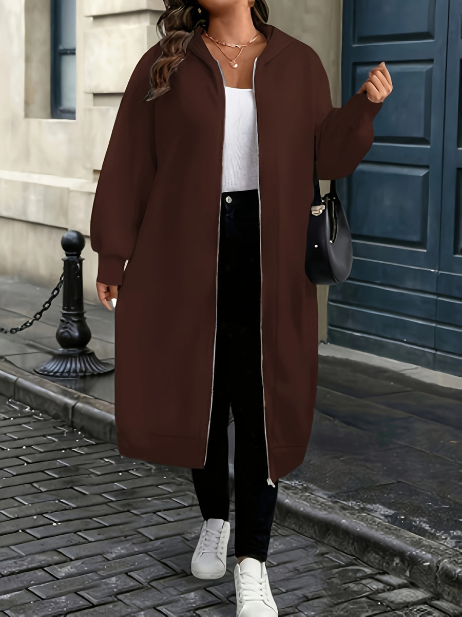 Plus Size - Fall/Winter Long Hooded Trench Coat | Elegant Solid Color With Medium Stretch Fabric And Zipper Detail - Coffee Color
