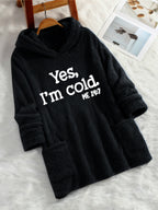 Women's "Yes I'm Cold" Printed Teddy Bear Hooded Sweatshirt - 100% Polyester Relaxed Fit Long Sleeve Pullover with Double Pockets, Cozy Fleece-Lined Casual Winter Top for Fall & Winter - Black