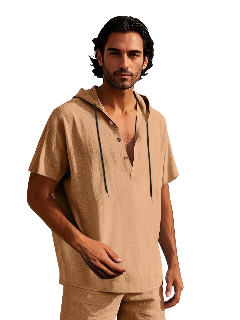 2pcs Men'S Linen Blend Short Sleeve Hooded Henley Shirt, Casual Half-Button Drawstring Hooded Top, Lightweight Breathable Wrinkle-Resistant Summer Beach Shirt, Loose V-Neck Linen Hooded T-Shirt, Suitable for Vacation, Casual Wear - Brown + Light White