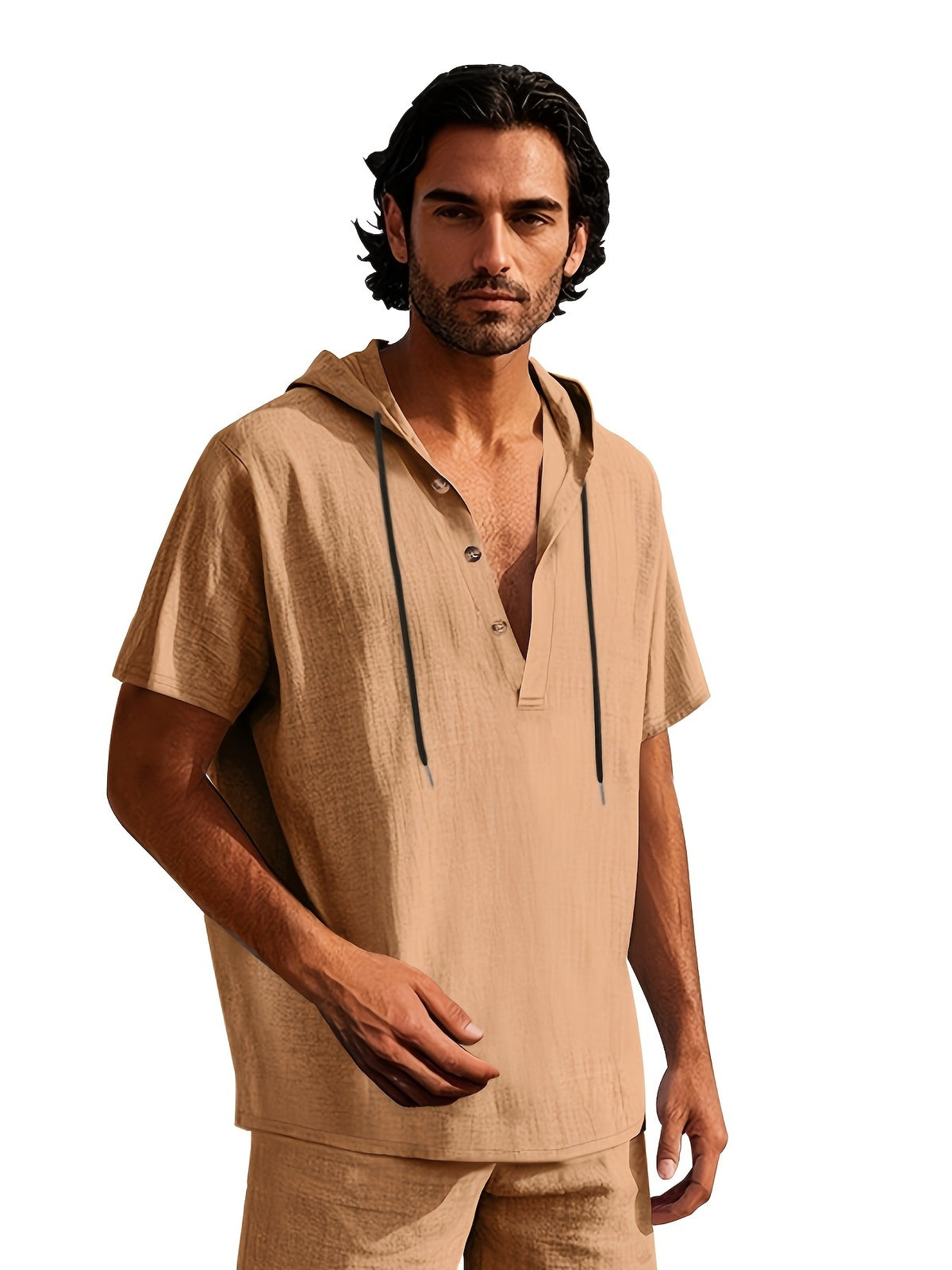2pcs Men'S Linen Blend Short Sleeve Hooded Henley Shirt, Casual Half-Button Drawstring Hooded Top, Lightweight Breathable Wrinkle-Resistant Summer Beach Shirt, Loose V-Neck Linen Hooded T-Shirt, Suitable for Vacation, Casual Wear - Brown + Light White