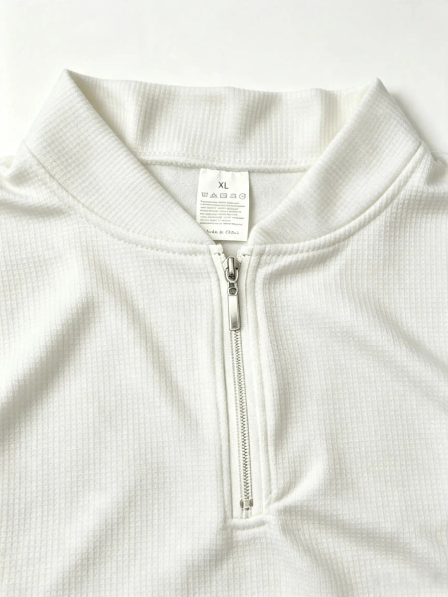 Men's Waffle Knit Half-Zip Short-Sleeve Shirt, Stand Collar Solid Color Casual Pullover Top, Simple Style - White