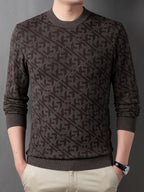 Men'S Round Neck Jacquard Sweater Spring Autumn Tight Thin Business Casual Knit Pullover Top - Little Flower Coffee