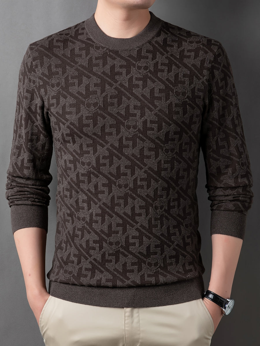 Men'S Round Neck Jacquard Sweater Spring Autumn Tight Thin Business Casual Knit Pullover Top - Little Flower Coffee