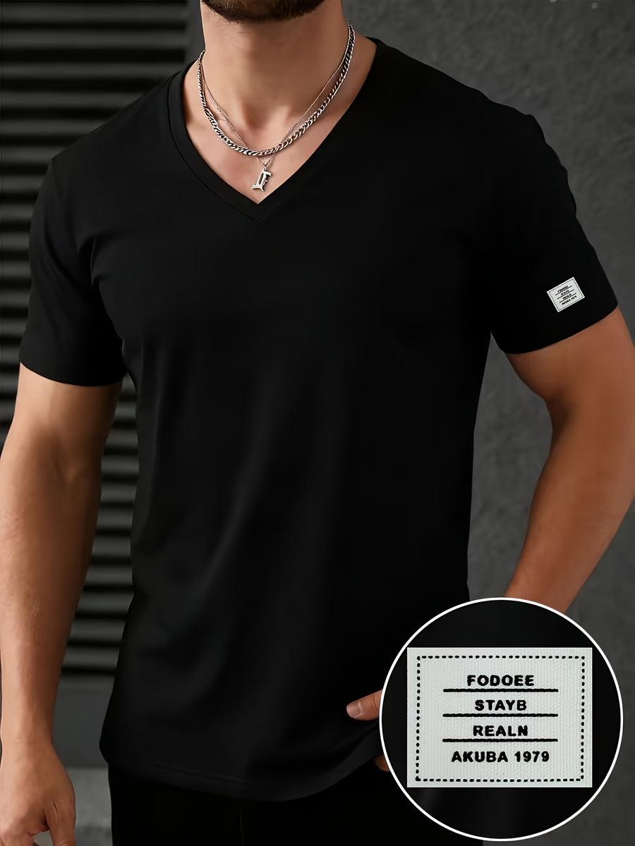 Men'S Patchwork V-Neck Short Sleeve T-Shirt, Suitable for Summer Outdoor Casual Wear, Casual Versatile Knit Top - Black 5