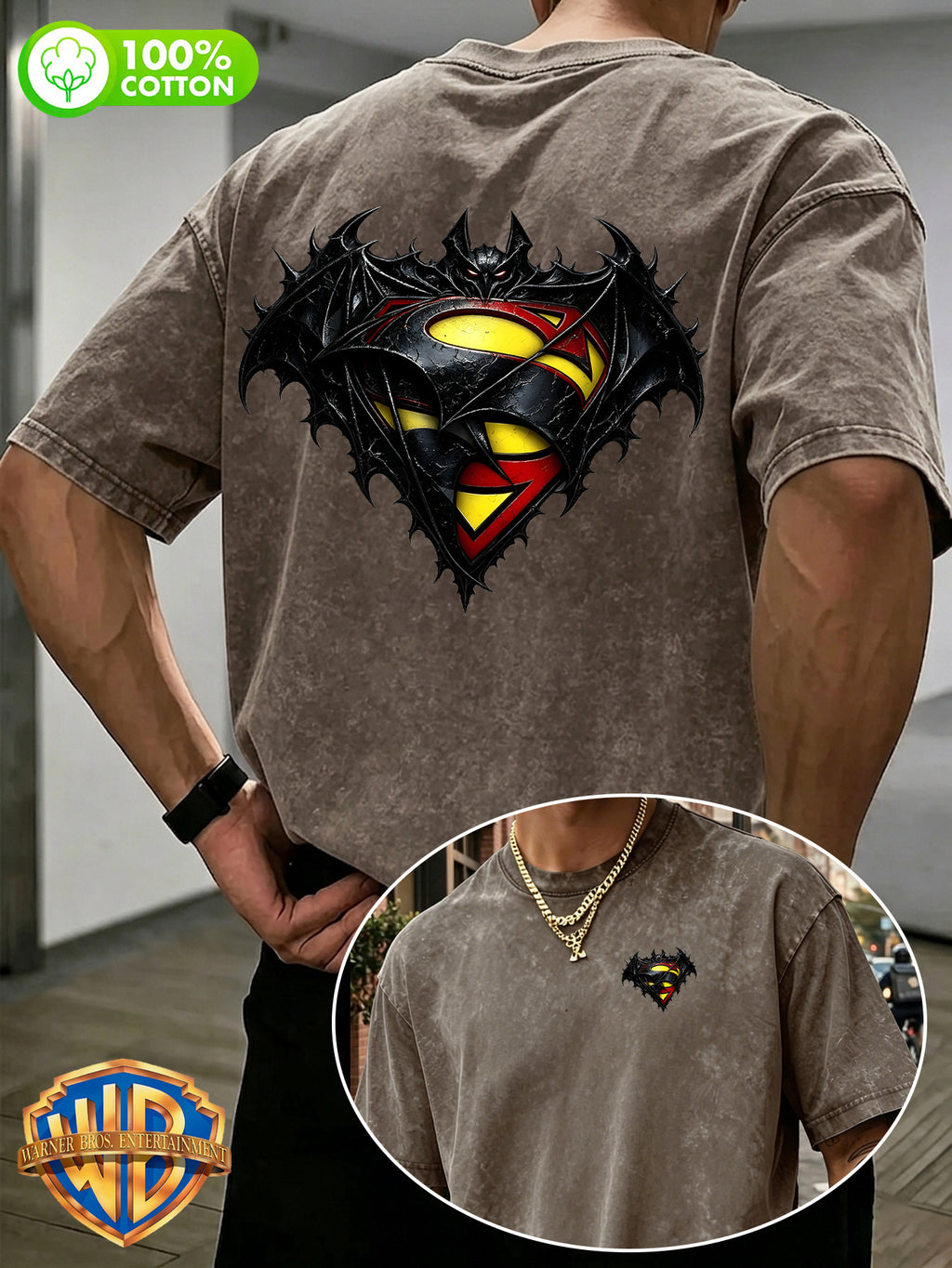 1pc, Men'S 100% Washed "Retro Washed DC Heroes Front And Back Print Pure Loose Casual Short Sleeve T-Shirt" Casual All-Match Loose Summer Round Neck Short Sleeve, Double-Sided Print - Suitable for Outdoor Sports, Gym, Daily Wear - Coffee Brown