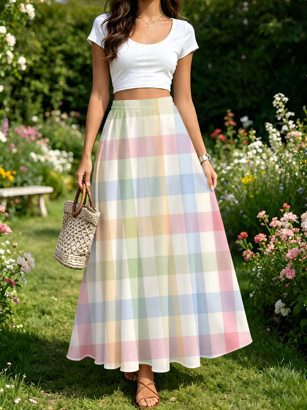 Fresh Colorful Plaid High-Waist A-Line Flared Skirt, Summer Casual Vacation Style - Mixed colors