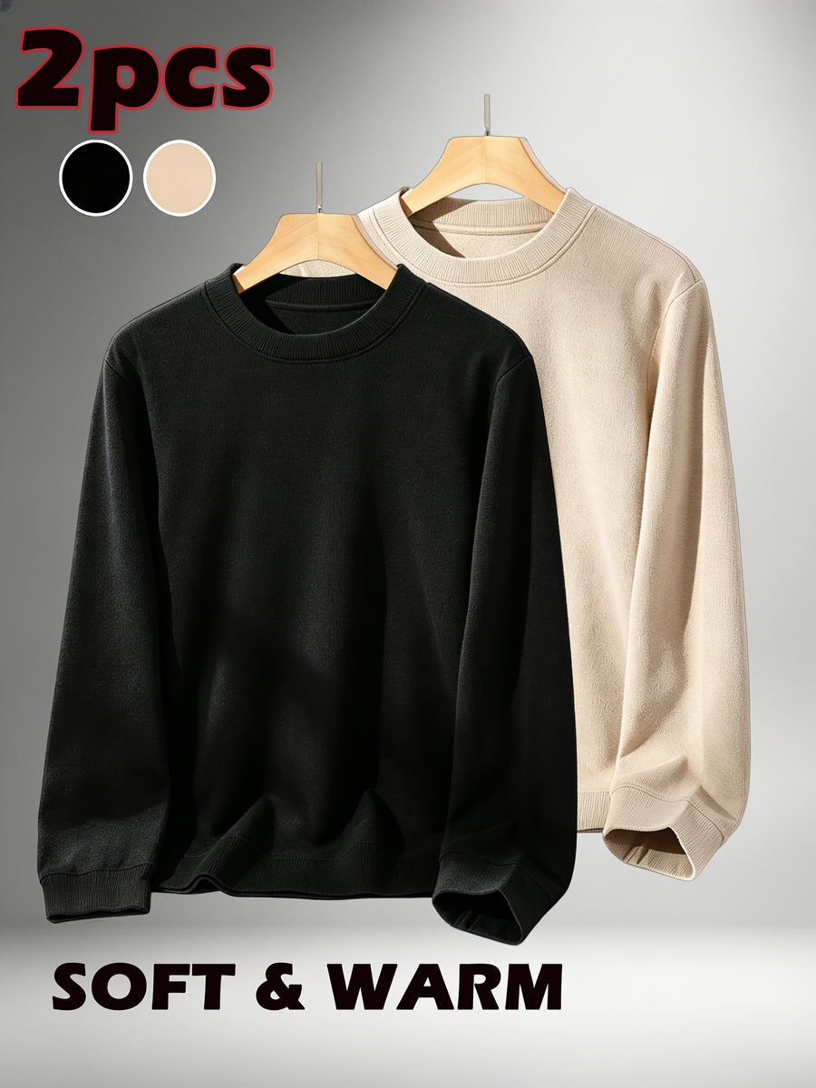 2pcs Set, Men'S Round Neck Knit Easy Long Sleeve Sweatshirt, Suitable for Daily Commute And Work, Home Leisure, Shopping Outings, Layering, Autumn And Winter - Black + Khaki