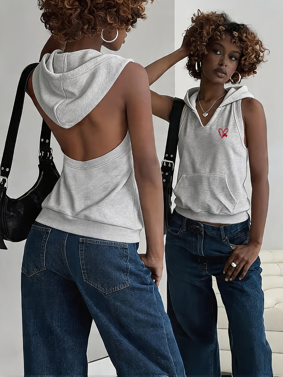 Y2K American Vintage Spicy Style Backless Hooded Vest, Sleeveless Slim-Fit Cropped Top, Summer Casual Versatile - Grey
