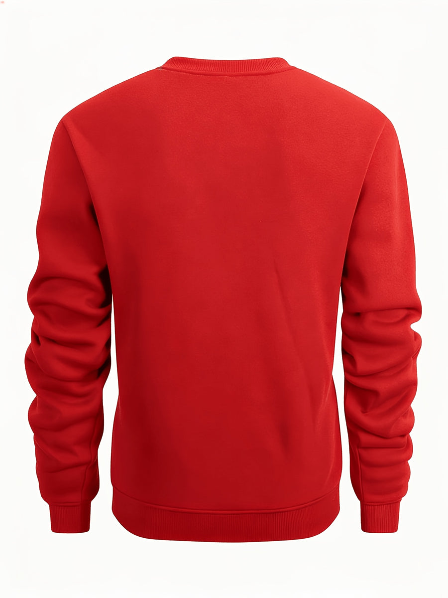 2pcs Men'S Fall Winter Thick Fleece Lined Crewneck Pullover, Retro Beach Surfboard Tree Sunset Graphic, Versatile Warm Long Sleeve Top, Daily Commute, Outdoor Activity, Street Style, Friend Meetup - Red