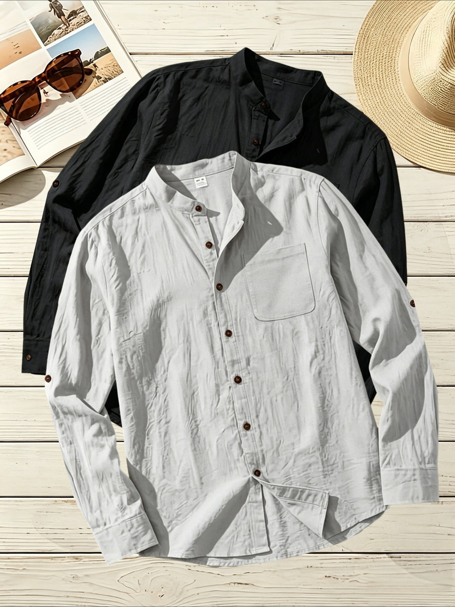 2pcs Men's Linen Fabric Henley Collar Long Sleeve Shirt, Simple Vintage Style, Loose Fit for Spring and Autumn, Multiple Color Options, Suitable for Outdoor Outings, Urban Commuting, and Home Wear, Versatile for Daily Casual and Holiday Occasions - Black+Gray