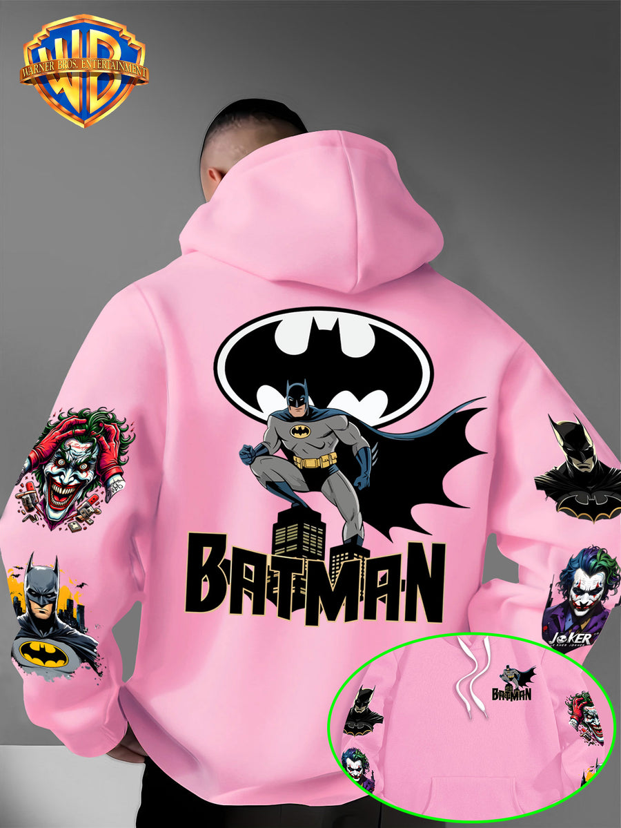 DC Batman Joker IP Official Hooded Sweatshirt with Gotham Crouching Batman on the Back + Bat Logo Themed Print, Drawstring Loose Hoodie, Wear-Resistant and Wash-Resistant Autumn/Winter Trendy Top - pink color