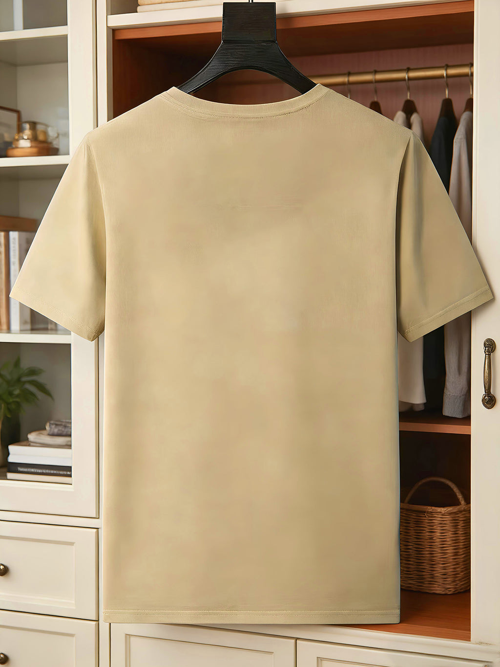 Blue-and-White Floral Vine Chinese Style Print Men's Tee Minimal New Chinese Versatile Loose Breathable Crew Neck Summer Commute Basic Top - Khaki
