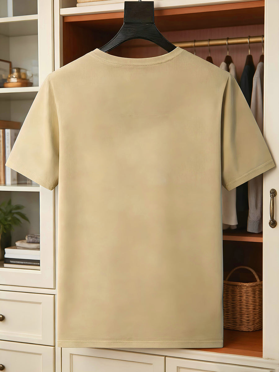 Blue-and-White Floral Vine Chinese Style Print Men's Tee Minimal New Chinese Versatile Loose Breathable Crew Neck Summer Commute Basic Top - Khaki