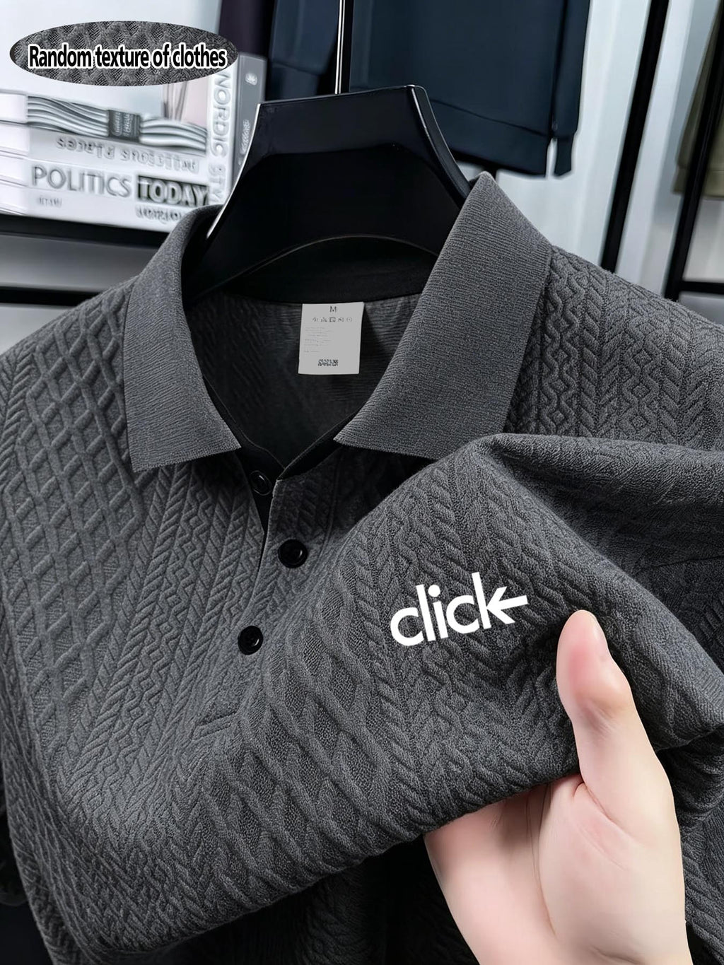 CLICK Print Summer Temperament Heavyweight Men'S Contrast Collar Short Sleeve Polo Shirt New Jacquard Fabric Comfortable Casual Contrast Collar Men'S Short Sleeve Clothing Jacquard Fabric Texture Random - Grey