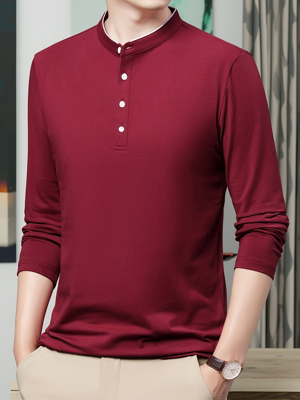 New Spring/Autumn Men's Stand Collar Long Sleeve T-Shirt, Casual Business, Dad's Outfit, Pure Top, Holiday Gift - The color of rouge