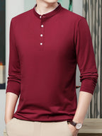 New Spring/Autumn Men's Stand Collar Long Sleeve T-Shirt, Casual Business, Dad's Outfit, Pure Top, Holiday Gift - The color of rouge