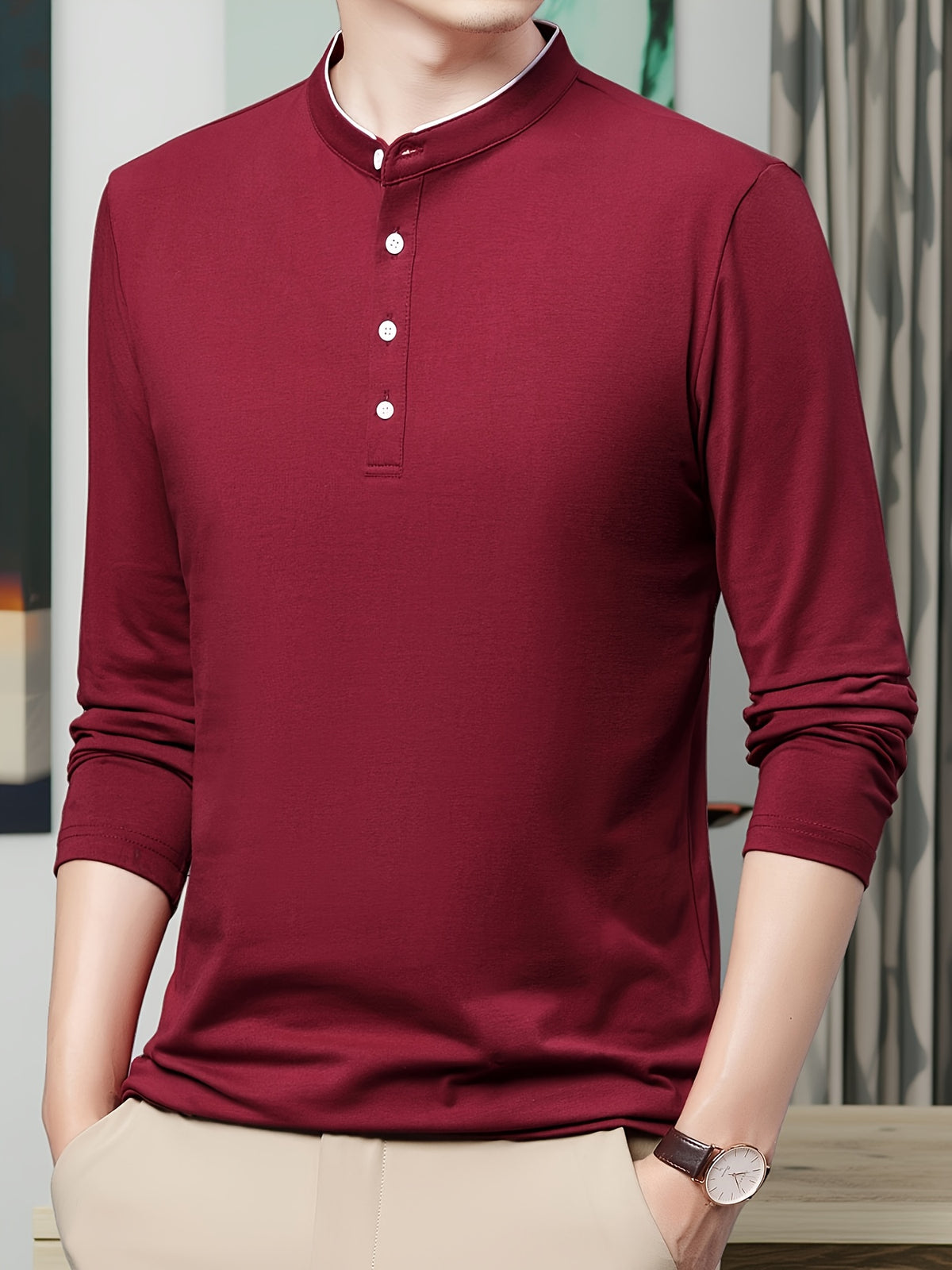 New Spring/Autumn Men's Stand Collar Long Sleeve T-Shirt, Casual Business, Dad's Outfit, Pure Top, Holiday Gift - The color of rouge