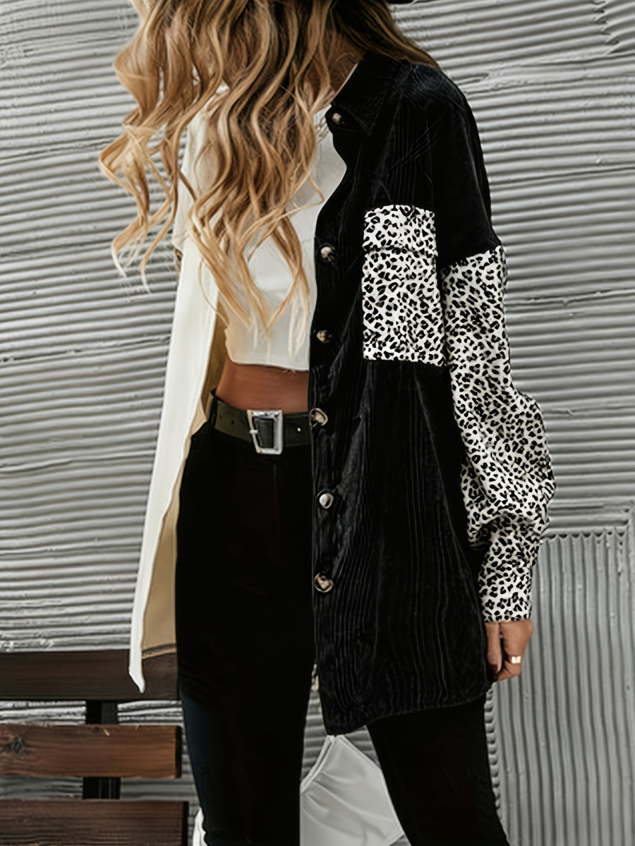 Autumn And Winter Leopard Print Corduroy Jacket, Mid-Length Long-Sleeved Jacket for Women - Black