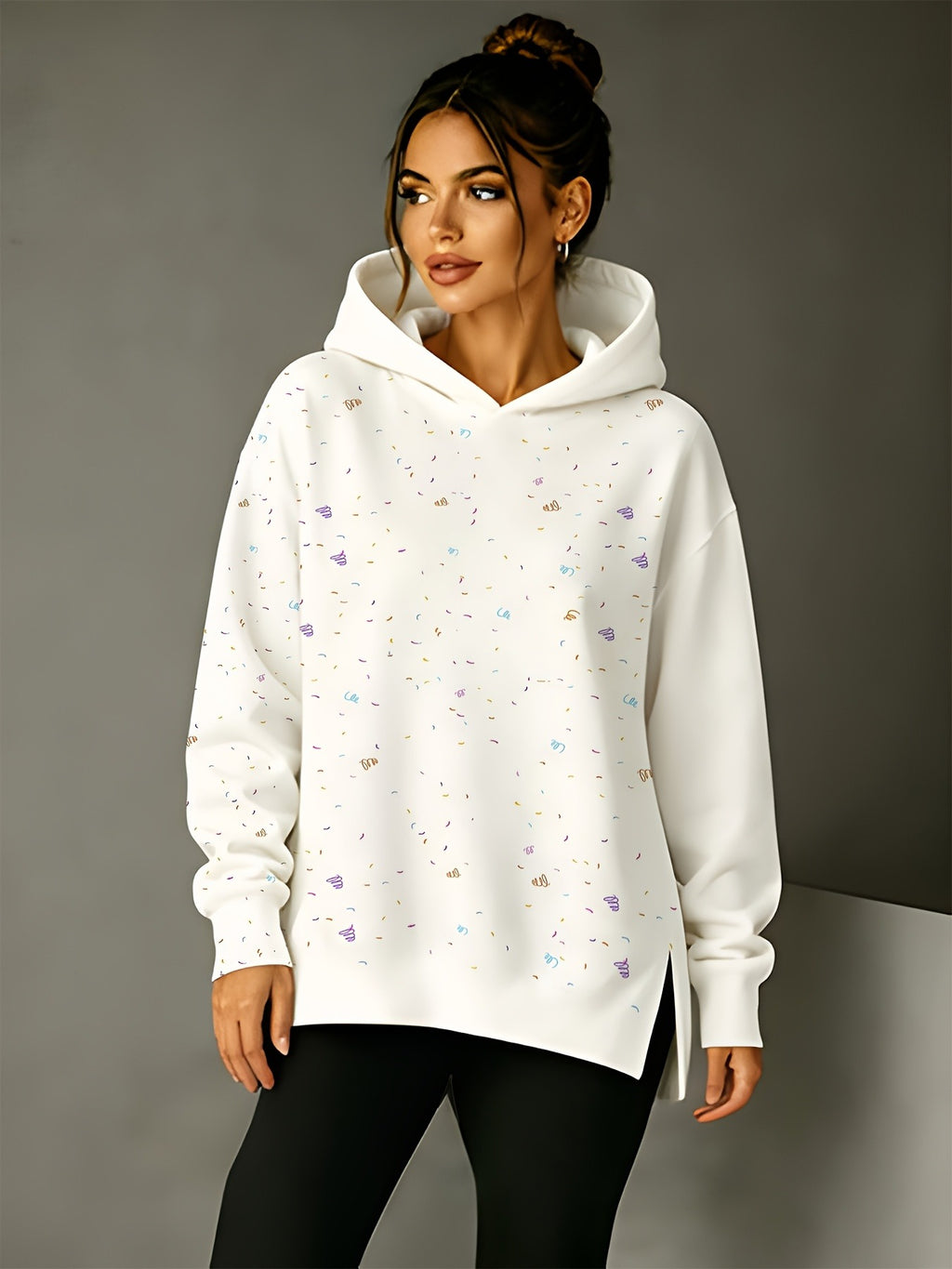 New Women'S Hooded Sweatshirt, Side Cutout Design, Fun Pattern, Comfortable Fit, Suitable for Autumn And Winter, Polka Dot Printed Hooded Sweatshirt Women'S Side Slit Irregular Hem American Casual Loose Drop Shoulder Long Sleeve Top - Mixed colors