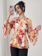 Women'S Summer Elegant Top, Chiffon Floral Print Layered Ruffle Sleeve, Waist Tie Festival Outfit, Holiday Vacation Wear Shirt - Flower Pink