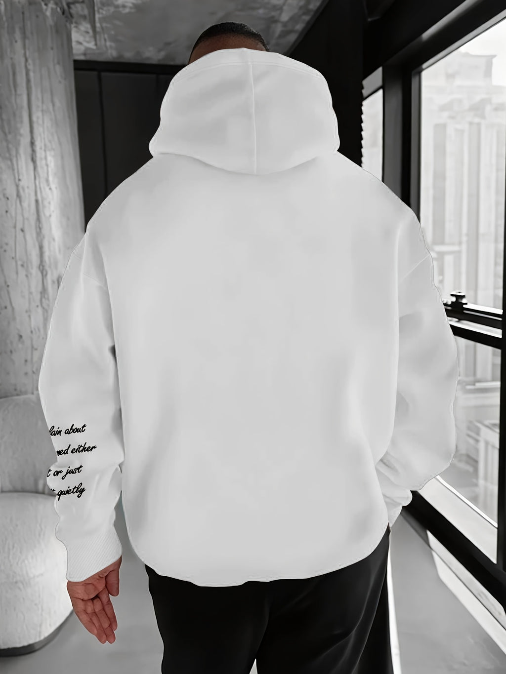 Men's Autumn/Winter Letter Print Pattern -Lined Hooded Sweatshirt, Versatile Sporty Casual Loose Fit Hoodie - White