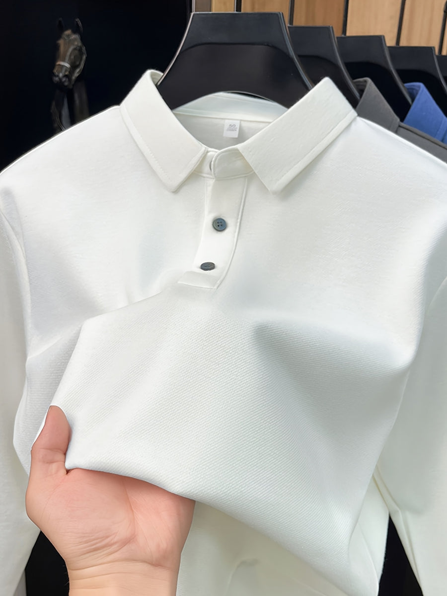 Men's Solid Color Long-Sleeve Polo Shirt, Simple and Clean Design Without Logo, Slightly Relaxed Fit, Flattering on All Body Types, Suitable for Spring and Autumn - SINBOS - White