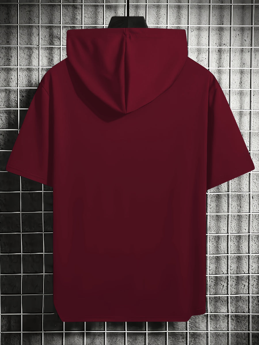 Men'S Summer T-Shirt, Easy Small Logo Print Men'S Hooded Short Sleeve, Soft Comfortable Breathable Versatile Fabric Sports T-Shirt, Loose Slimming Men'S Hoodie Easy Print Top - Burgundy