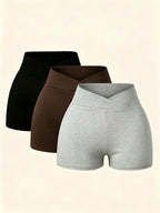 3pcs Summer Shorts: Cycling Shorts, Cross-Front Cropped Casual Pants, Stretchy Leggings, Sports Shorts, Elegant Women's Shorts - Black+Coffee+Grey